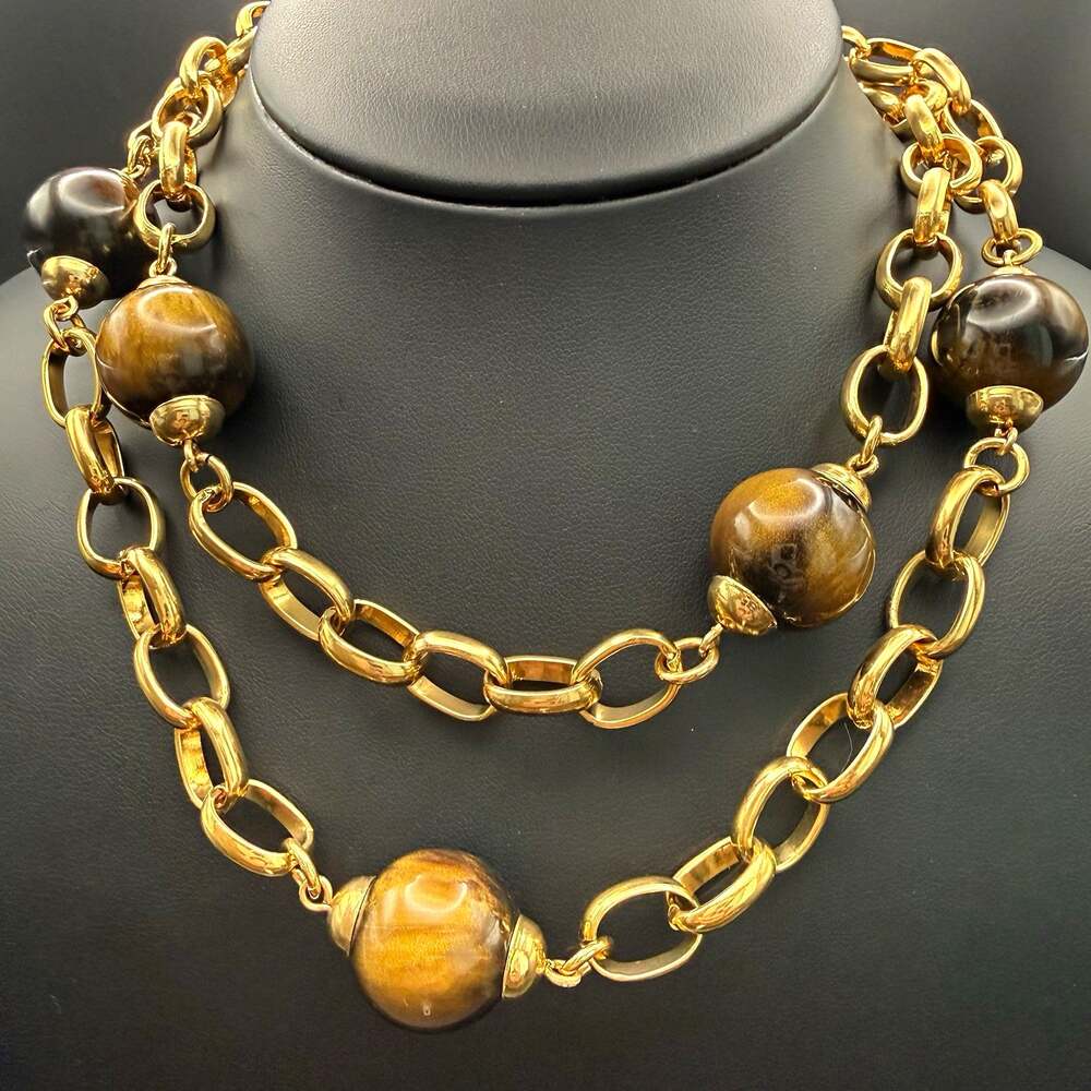 Banana Republic Gold Tone Shimmer Resin Tiger Eye Ball Bead Long Chain Necklace